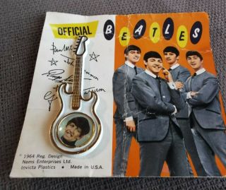 The Beatles 1964 Extremely Rare White Guitar Brooch On Card Ex Cond.  Ringo