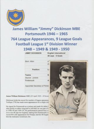 Jimmy Dickinson Portsmouth 1946 - 1965 Rare Hand Signed Photo/post Card