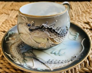 Rare Dragonware Tea Cup Saucer Set Lithophane Nude Wales China