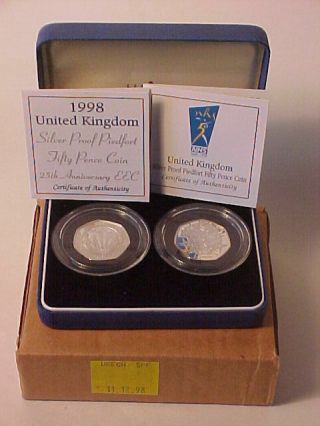 Rare 1998 United Kingdom Piedfort 2 Coin 50 Pence Silver Proof Set Nhs/eec