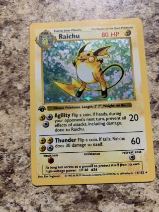 Pokémon Raichu Base Set 1st Edition Shadowless 14/102 Holo Rare Played Conditiin
