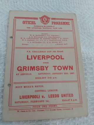 Liverpool Fc V Grimsby Town Jan 25th 1947 Fa Cup And Very Rare