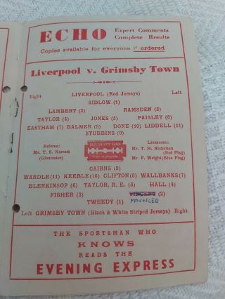 LIVERPOOL FC v Grimsby Town Jan 25th 1947 Fa cup And VERY Rare 3