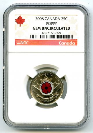 2008 Canada 25 Cent Ngc Gem Unc Poppy Quarter Colorized Rare Grade Low Pop