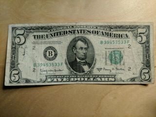 1950 E $5 Federal Reserve Note,  Rare,  Green Seal