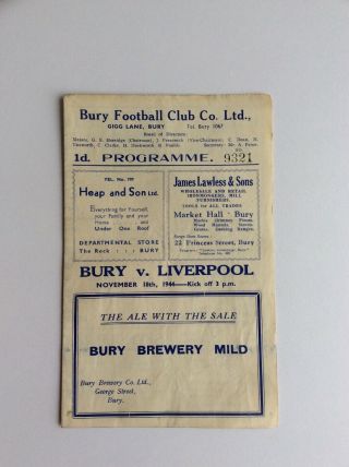 Bury V.  Liverpool Football Programme 1944 And Rare