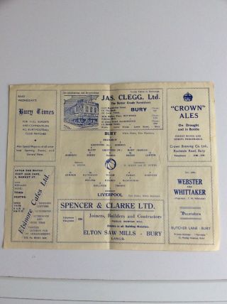 Bury V.  Liverpool Football Programme 1944 And Rare 3