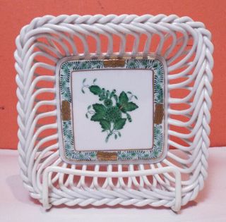 Herend Chinese Bouquet Green Open Weave Square Basket Av 7378 Rare