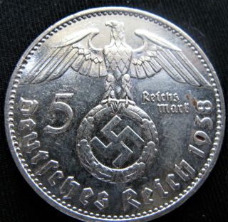X - Rare 1938j Big 5 Mark 90 Silver Bullion German Swastika Nazi Germany Ww2 Coin