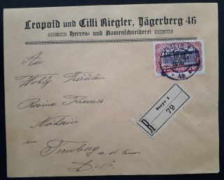 Rare 1921 Austria Registd Cover Ties 20kr Stamp W Hochwasser 1920 O/p Cd Steyr