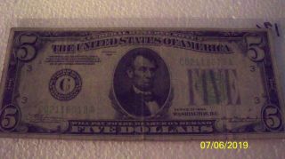 Rare 1934 - C Green Seal 5.  00 Bill