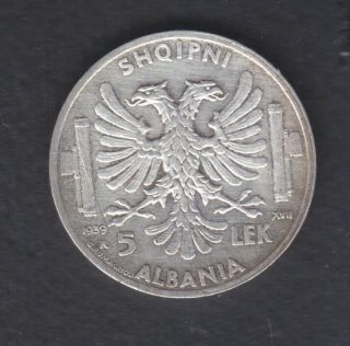 1939 Albania.  Italy 5 Leke Silver Coin 5 Gr Rare.  Italy.  Occupation.  0.  92