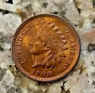Rare 1908 U.  S Indian Head Penny Clear Sharp Details Bu Red Color N/r