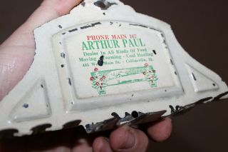 Rare 1930s Arthur Paul Feed Seed Farm Metal Embossed Sign Holder Collinsville