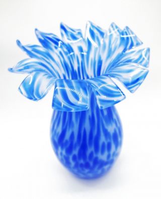 Vtg Cobalt Blue White Murano Formation 12 Leaf Scissor Cut Petal Vase Rare
