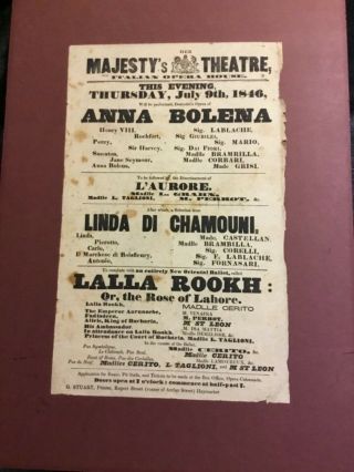 Rare 1846 Majestys Theatre Italian Opera House Playbill Oriental Ballet