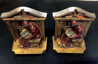 Rare 1922 L.  V.  A Bookends By Ronson Bronzed Heavy Metal Monk Reading Art Decko