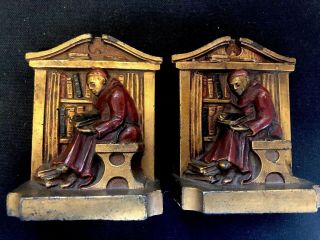 RARE 1922 L.  V.  A Bookends by Ronson Bronzed Heavy Metal Monk Reading ART DECKO 2