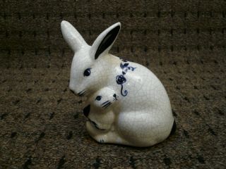 Dedham The Potting Shed Blue Rose Pottery Bunny Rabbit Mom & Baby Signed,  Rare