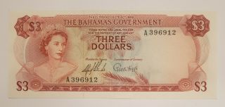 Bahamas 3 Dollars 1965 Banknote Unc Rare