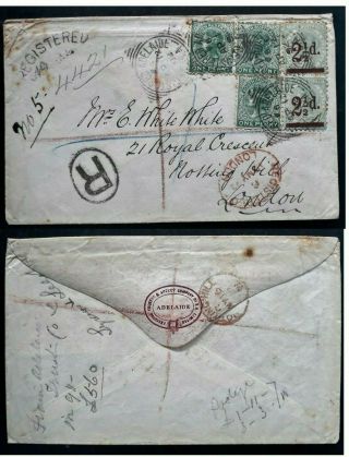Rare 1892 - South Australia Cover Ties 5 Stamps Registered Adelaide To London