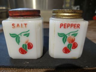 Vintage Tipp City Milk Glass Salt Pepper Range Shakers Set Fruit Rare