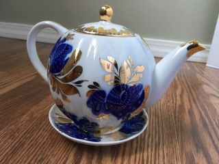 Russian Imperial Lomonosov Porcelain Teapot Gold Cobalt Blue Rare Bird Design