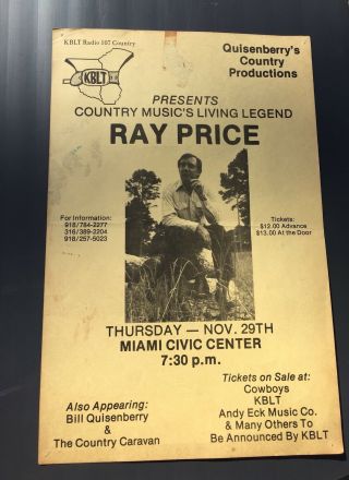 Vintage Rare Ray Price Concert Poster Flyer Kblt Radio 107 Country 17 " X11 "