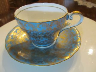 Aynsley Teacup & Saucer Set Turquoise & Gold Stunning Rare