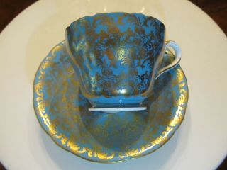 Aynsley teacup & saucer set Turquoise & Gold Stunning rare 2