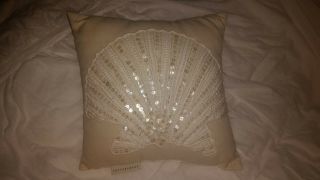 Pottery Barn Sequin Shell Throw Toss Pillow 10 " White Tan Rare Nautical Beach