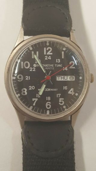 Rare Vintage Mens Innovations Time Military Style Watch.  Runs.  Good Shape.