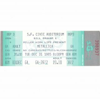 Metallica Concert Ticket Stub Sf 12/31/85 Cliff Burton Ride The Lightning Rare
