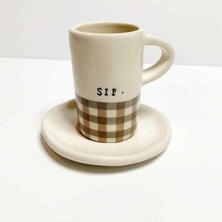 Rae Dunn Espresso Cup With Saucer " Sip " Ivory And Brown Color Plaid Rare