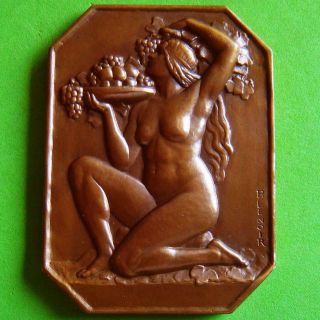 Rare Art Deco Nude Woman & Fruit Fall Paris 1929 Bronze Medal By P Lenoir