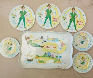 Vintage Rare W D P Peter Pan And Tinker Bell Tin Plates And Tray