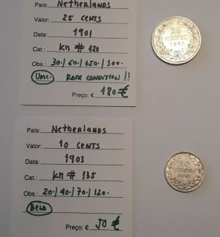 Netherlands 10 Cents 1903 & 25 Cents 1901 (rare) - In Excelent