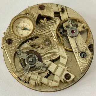 Rare Antique Engraved & Ornamented Key Wind Pocket Watch Movement With Compass.