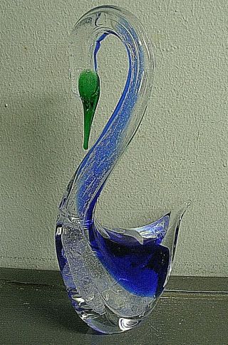 Rare Vintage Murano Italian Art Glass Bird Swan 10 " Blue & Green Bubbles Tag