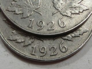 Rare 1926 Far " 6 " Canada 5 Cents Nickel & 1926 Near " 6 " Nickel.  Side - By - Side