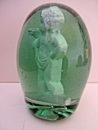 MID 19thC RARE VICTORIAN GREEN GLASS DUMP PAPERWEIGHT,  WITH CHERUB CLAY FIGURE 2
