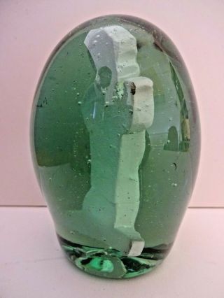 MID 19thC RARE VICTORIAN GREEN GLASS DUMP PAPERWEIGHT,  WITH CHERUB CLAY FIGURE 4