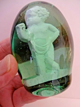 MID 19thC RARE VICTORIAN GREEN GLASS DUMP PAPERWEIGHT,  WITH CHERUB CLAY FIGURE 7