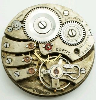 Rare Buren Capitol 21 Pocket Watch Movement Runs For Repair 42.  5mm