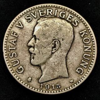 Sweden 2 Kronor 1915 W - Silver - Rare - Gustaf V - Km 787
