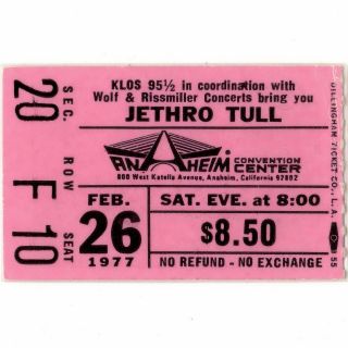 Jethro Tull Concert Ticket Stub Anaheim Ca 2/26/77 Songs From The Wood Tour Rare