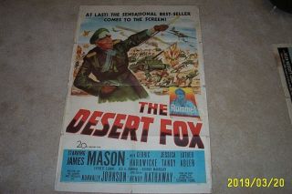 Rare The Desert Fox 1951 27 " X 41 " Movie Poster Gen.  Rommel,  James Mason
