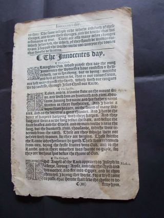 1564 - Book Of Common Prayer Leaf - Title Page Of The Innocents Day - Sm.  Folio - Rare