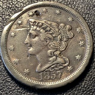 1857 Braided Hair Half Cent 1/2 Cent Rare Better Grade Vf Details 17051
