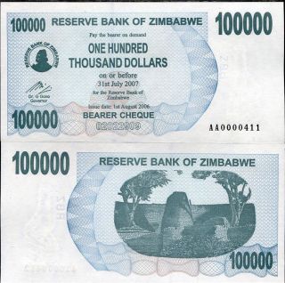 Zimbabwe 100,  000 100000 Dollars P 48 48a 2007 " Rare " Without Space Unc
